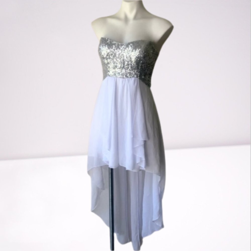 🌼 B. Darlin High Low Strapless Sparkle Dress, White 3/4